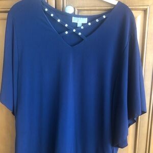 JM Collection Navy Blouse with Pearl Detail